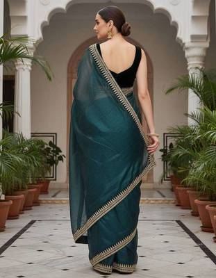 Teal net embroidered sequins work heavy look ethnic saree with blouse 2