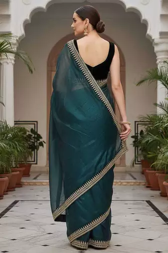 Teal net embroidered sequins work heavy look ethnic saree with blouse
