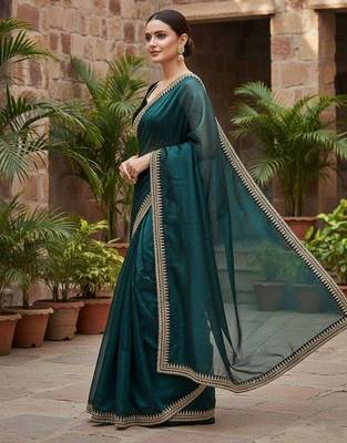 Teal net embroidered sequins work heavy look ethnic saree with blouse 3