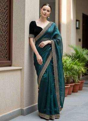 Teal net embroidered sequins work heavy look ethnic saree with blouse 4