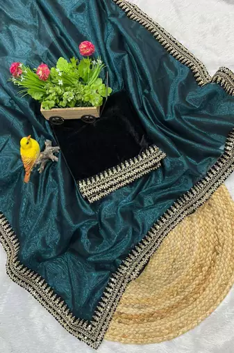 Teal net embroidered sequins work heavy look ethnic saree with blouse