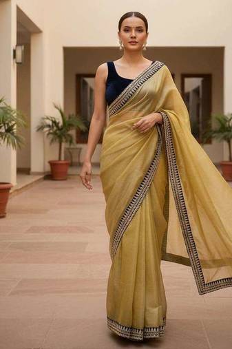 Yellow net embroidered sequins work heavy look ethnic saree with blouse