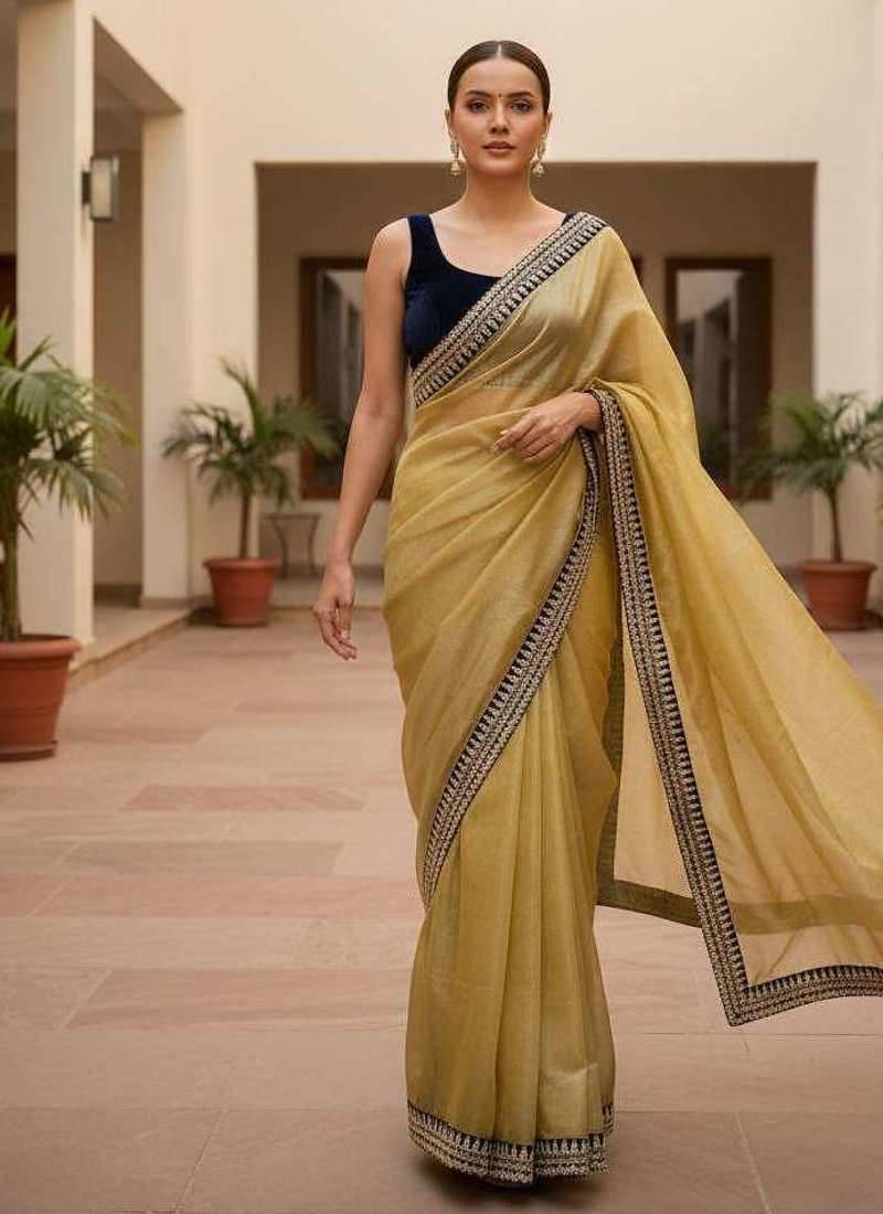 Yellow net embroidered sequins work heavy look ethnic saree with blouse