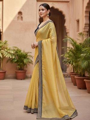 Yellow net embroidered sequins work heavy look ethnic saree with blouse 2