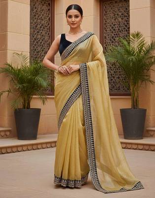 Yellow net embroidered sequins work heavy look ethnic saree with blouse 4