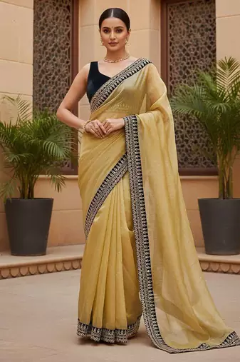Yellow net embroidered sequins work heavy look ethnic saree with blouse