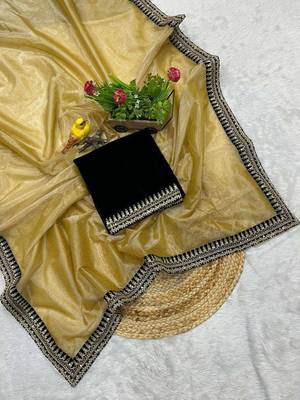 Yellow net embroidered sequins work heavy look ethnic saree with blouse 5