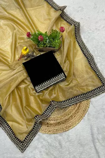 Yellow net embroidered sequins work heavy look ethnic saree with blouse