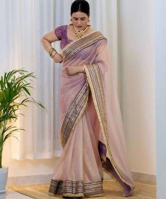 Lavender net embroidered sequins work heavy look ethnic saree with blouse 1