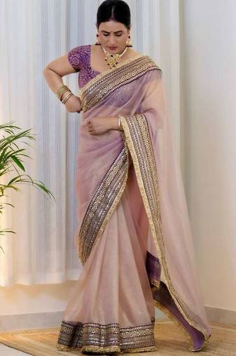 Lavender net embroidered sequins work heavy look ethnic saree with blouse