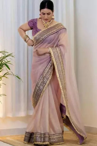 Lavender net embroidered sequins work heavy look ethnic saree with blouse
