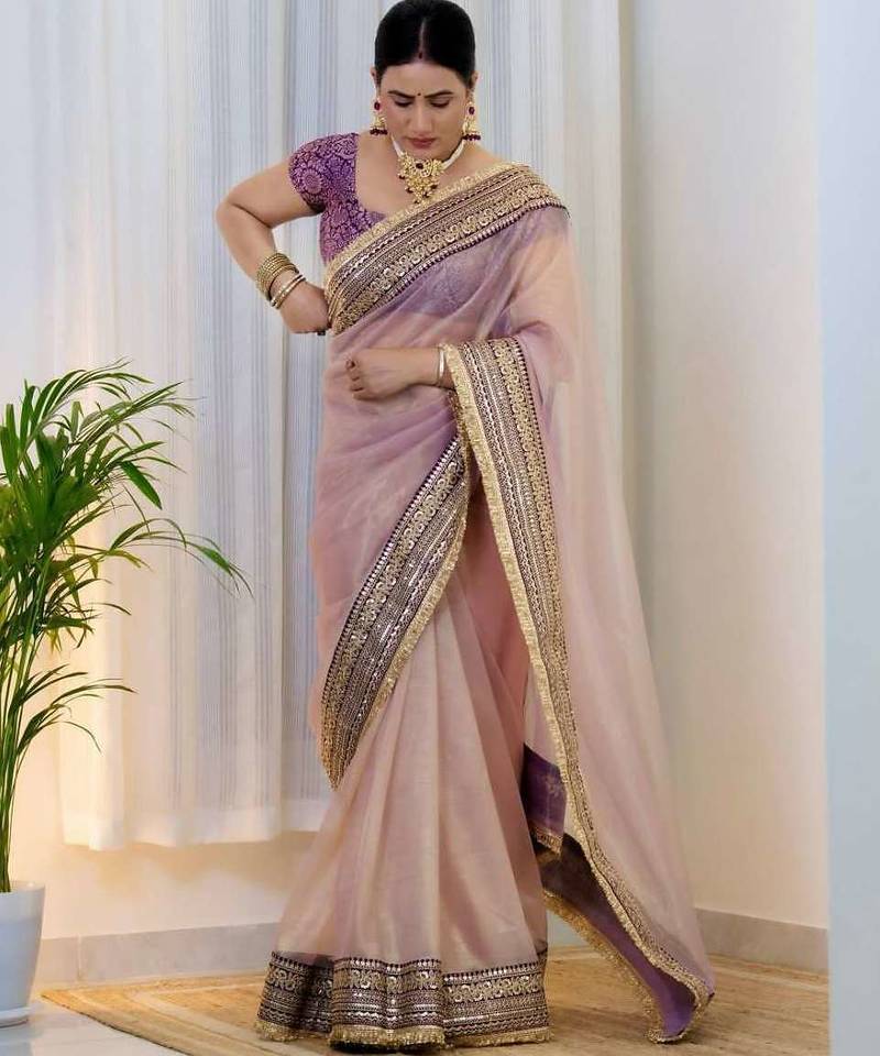 Lavender net embroidered sequins work heavy look ethnic saree with blouse