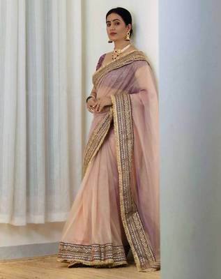 Lavender net embroidered sequins work heavy look ethnic saree with blouse 2