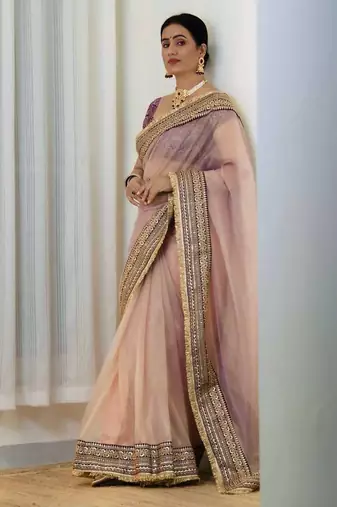Lavender net embroidered sequins work heavy look ethnic saree with blouse