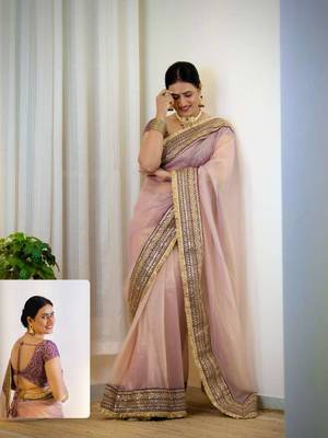 Lavender net embroidered sequins work heavy look ethnic saree with blouse 3