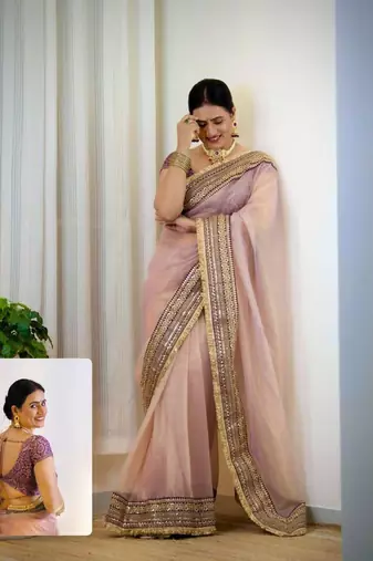 Lavender net embroidered sequins work heavy look ethnic saree with blouse