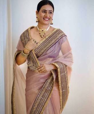 Lavender net embroidered sequins work heavy look ethnic saree with blouse 4
