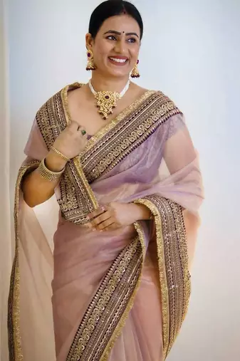 Lavender net embroidered sequins work heavy look ethnic saree with blouse