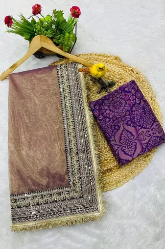 Lavender net embroidered sequins work heavy look ethnic saree with blouse
