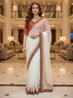 White organza embroidered sequins work heavy look ethnic saree with blouse 1