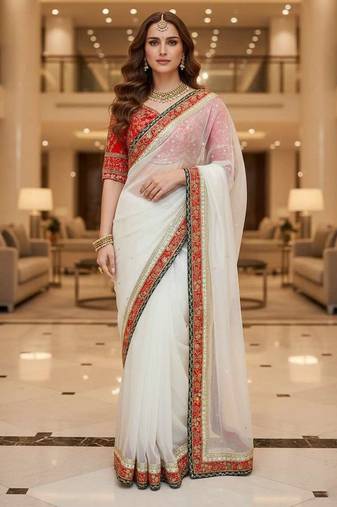 White organza embroidered sequins work heavy look ethnic saree with blouse