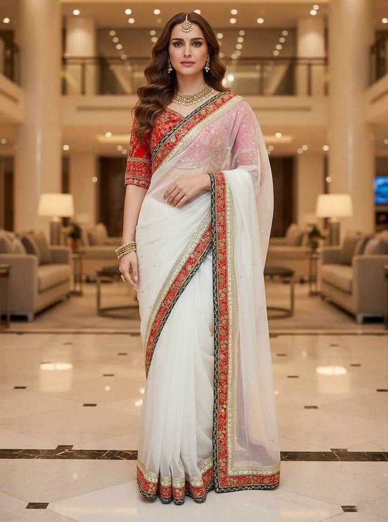 White organza embroidered sequins work heavy look ethnic saree with blouse