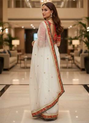 White organza embroidered sequins work heavy look ethnic saree with blouse 2