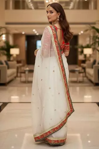 White organza embroidered sequins work heavy look ethnic saree with blouse