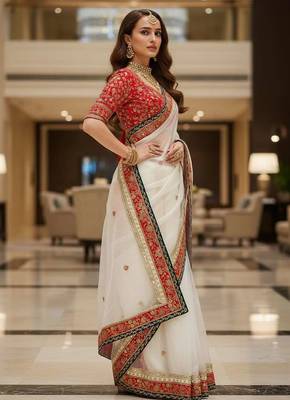 White organza embroidered sequins work heavy look ethnic saree with blouse 3