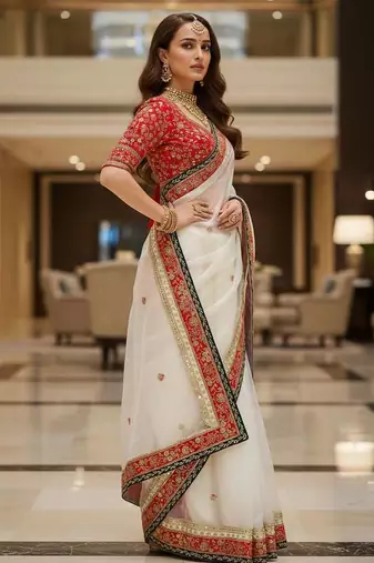 White organza embroidered sequins work heavy look ethnic saree with blouse