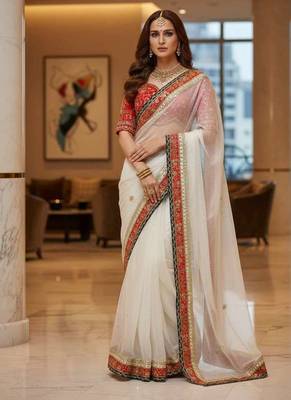 White organza embroidered sequins work heavy look ethnic saree with blouse 4