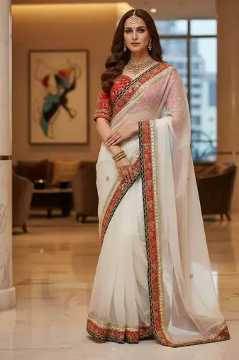 White organza embroidered sequins work heavy look ethnic saree with blouse