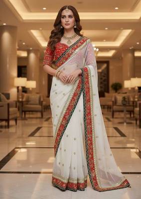 White organza embroidered sequins work heavy look ethnic saree with blouse 5