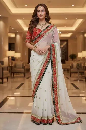 White organza embroidered sequins work heavy look ethnic saree with blouse