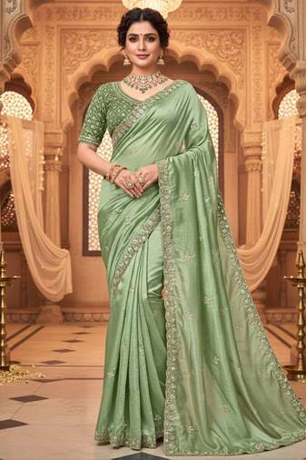 Green satin embroidered sequins work heavy look ethnic saree with blouse