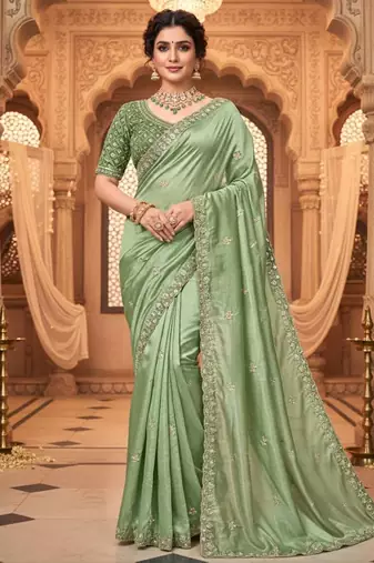 Green satin embroidered sequins work heavy look ethnic saree with blouse