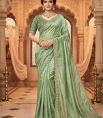 Green satin embroidered sequins work heavy look ethnic saree with blouse