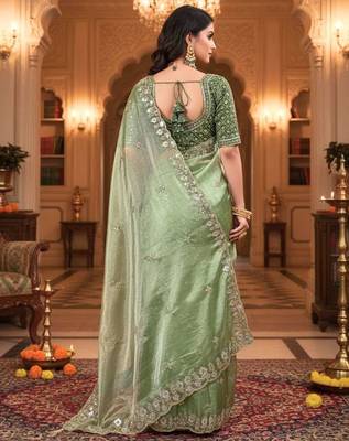 Green satin embroidered sequins work heavy look ethnic saree with blouse 2