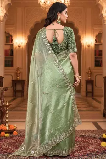 Green satin embroidered sequins work heavy look ethnic saree with blouse