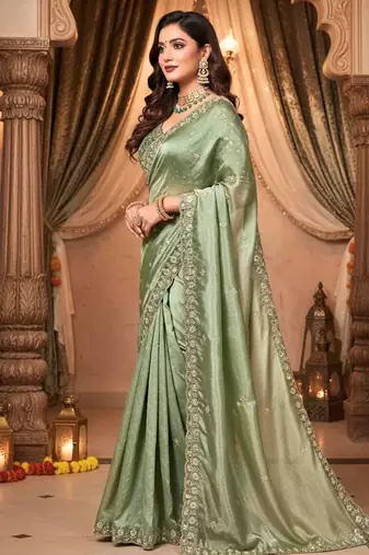 Green satin embroidered sequins work heavy look ethnic saree with blouse
