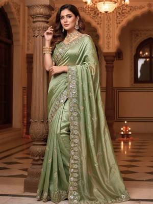 Green satin embroidered sequins work heavy look ethnic saree with blouse 4