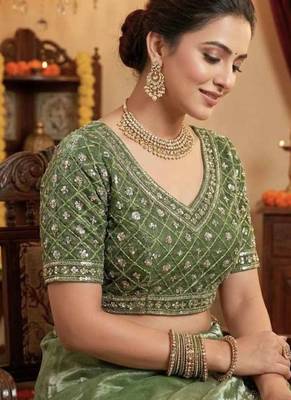 Green satin embroidered sequins work heavy look ethnic saree with blouse 5