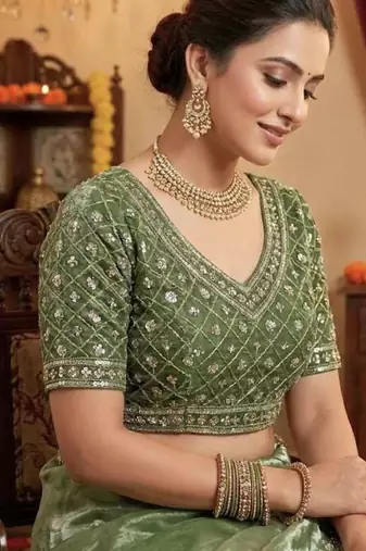Green satin embroidered sequins work heavy look ethnic saree with blouse