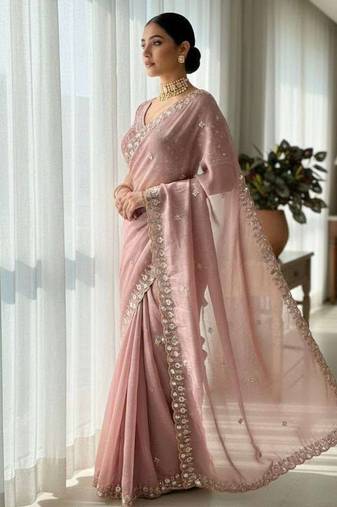 Peach satin embroidered sequins work heavy look ethnic saree with blouse