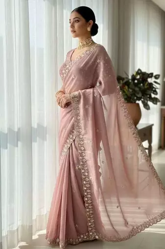 Peach satin embroidered sequins work heavy look ethnic saree with blouse