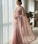 Peach satin embroidered sequins work heavy look ethnic saree with blouse