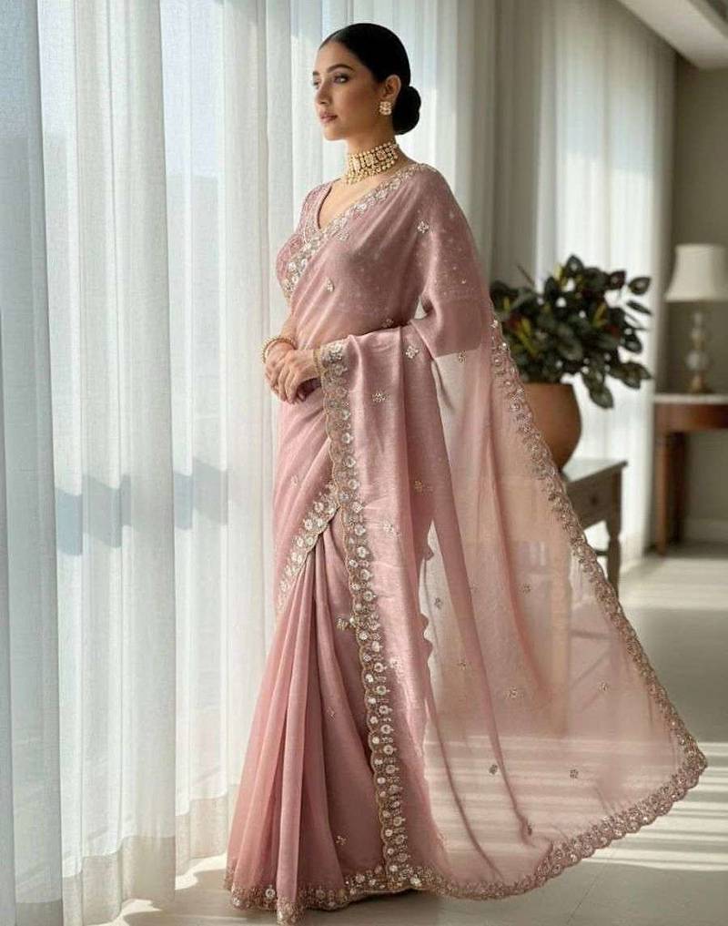 Peach satin embroidered sequins work heavy look ethnic saree with blouse