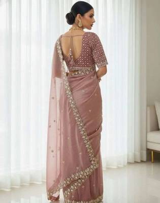 Peach satin embroidered sequins work heavy look ethnic saree with blouse 2