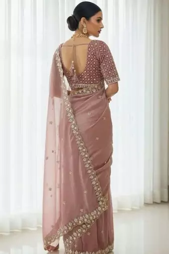 Peach satin embroidered sequins work heavy look ethnic saree with blouse