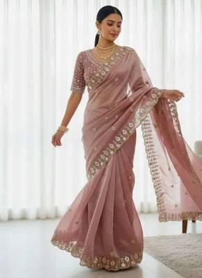 Peach satin embroidered sequins work heavy look ethnic saree with blouse 3